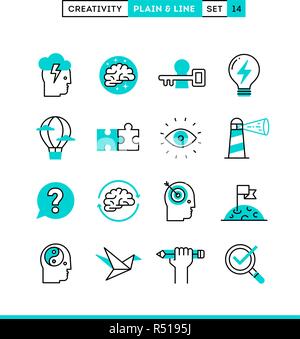 Creatività e fantasia, problem solving, mente potenza e più. Pianura e la linea di set di icone, design piatto Illustrazione Vettoriale