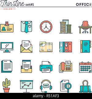 Office cose, linea sottile color set di icone Illustrazione Vettoriale