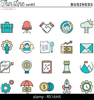 Business, l'imprenditorialità, il lavoro di squadra, obiettivi e più sottile linea color set di icone Illustrazione Vettoriale