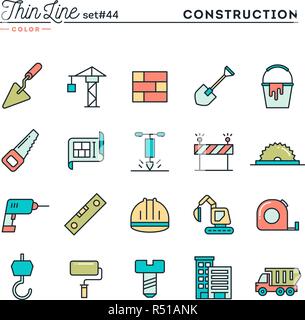 Costruzione, progetto e altri strumenti, linea sottile color set di icone Illustrazione Vettoriale