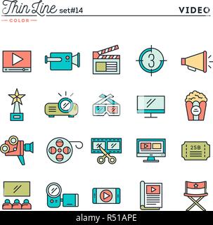 Film, video, riprese, montaggio e più sottile linea color set di icone Illustrazione Vettoriale
