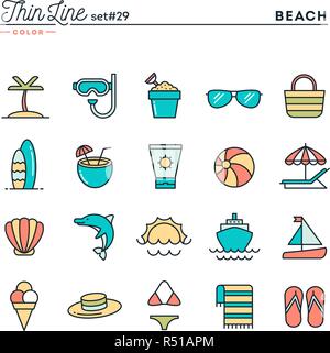 Tropical Beach, estate, vacanze, crociera e più sottile linea color set di icone Illustrazione Vettoriale