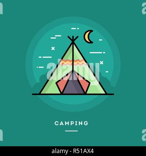 Camping, design piatto sottile linea banner Illustrazione Vettoriale