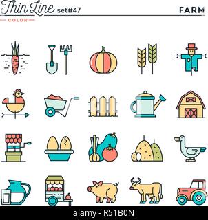 Agriturismo, animali, terreni, la produzione di cibo e di più di una linea sottile di colore set di icone Illustrazione Vettoriale