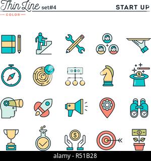 Start up business, strategia di marketing, finanza e più sottile linea color set di icone Illustrazione Vettoriale