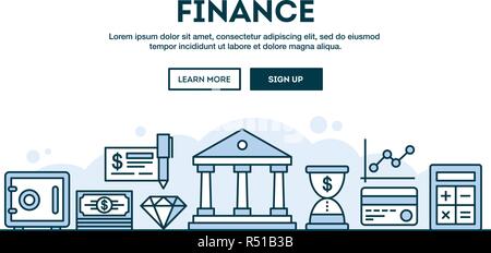 Finanza, concetto di intestazione, design piatto sottile stile linea Illustrazione Vettoriale
