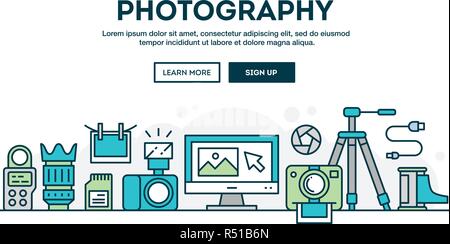 Attrezzatura fotografica e colorati di concetto di intestazione, design piatto sottile stile linea Illustrazione Vettoriale