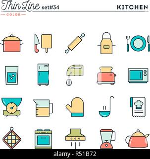 Utensili da cucina, la preparazione di cibi e di più di una linea sottile di colore set di icone Illustrazione Vettoriale