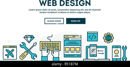 Web design e colorati di concetto di intestazione, design piatto sottile stile linea Illustrazione Vettoriale