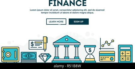 Finanza, colorato concetto intestazione, design piatto sottile stile linea Illustrazione Vettoriale