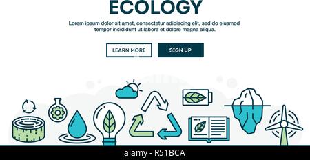 Ecologia, il riciclaggio, l'ambiente, la sostenibilità, colorato concetto intestazione, design piatto sottile stile linea Illustrazione Vettoriale