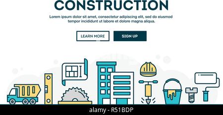 Costruzione e colorati di concetto di intestazione, design piatto sottile stile linea Illustrazione Vettoriale