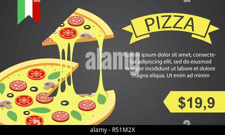 Pizza banner orizzontale. Illustrazione isometrica della pizza di vettore orizzontale di banner per il web design Illustrazione Vettoriale