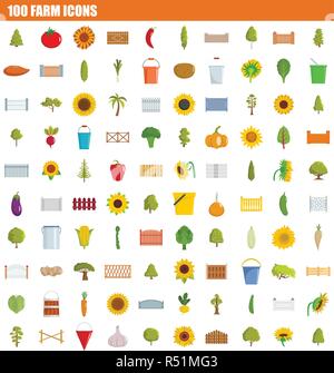 100 farm icon set. Set piatto di 100 farm icone vettoriali per il web design Illustrazione Vettoriale