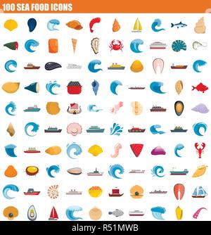 100 sea food icon set. Set di piatti di mare 100 cibo icone vettoriali per il web design Illustrazione Vettoriale