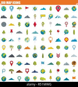 100 mappa icon set. Set piatto di 100 mappa icone vettoriali per il web design Illustrazione Vettoriale