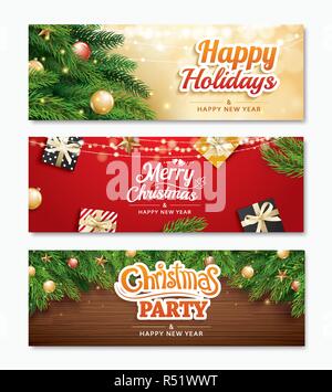 Festa di Natale e biglietto di auguri con decorazione vacanze sfondo. Natale e felice anno nuovo. Illustrazione Vettoriale per coprire, banner, modello. Illustrazione Vettoriale