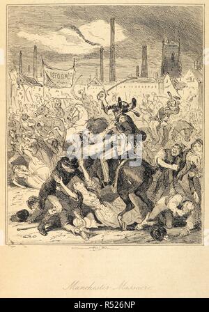 Manchester massacro". Il massacro di Peterloo (o la Battaglia di Peterloo) si è verificato a San Pietro Campo, Manchester, Inghilterra, il 16 agosto 1819, quando carica di cavalleria in una folla di 60.000 â€"80.000 che si erano riuniti per chiedere la riforma della rappresentanza parlamentare. . Le cronache di criminalità; o il nuovo Newgate calendario ... Con ... incisioni da ... disegni di â€oePhizâ€ [ossia H. K. Browne]. Londra, 1841. Fonte: 1131.d.1,2. Autore: Hablot Knight Browne Phiz. Foto Stock