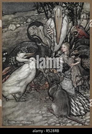 Alice e gli animali dopo il Caucus Race, compreso un dodo, anatra, un ratto, un corvo e un pappagallo. . Alice nel Paese delle Meraviglie illustrato da Arthur Rackham. Con un proemio di Austin Dobson. L.P.. William Heinemann: Londra; Doubleday, pagina & Co.: New York, [1907]. Essi tutti si affollavano intorno a esso ansimando e chiedendo, " Ma chi ha vinto?". Fonte: K.T.C.105.b.1. Di fronte a pagina 28. Autore: RACKHAM, Arthur. Carroll, Lewis pseud. [I. e. Charles Lutwidge Dodgson]. Foto Stock