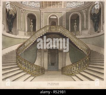 Vista la grande scalinata a Carlton House; due set di scale che conducono ad una centrale di atterraggio; nicchie contenenti la scultura. La scala al Carlton House. [Londra] : n. 37 di R.ACKERMANN'S repository delle arti &c, Pub. 1 Jany 1812, 101 Strand, London., [1 gennaio 1812]. La puntasecca e incisione con mano-colorazione. Fonte: Mappe K.Top.26.1.c. Lingua: Inglese. Foto Stock