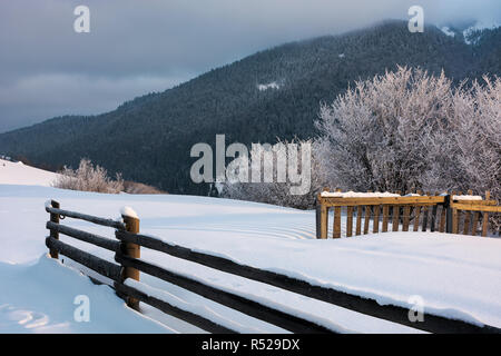 Staccionata in legno sulla collina innevate nella luce del mattino. alberi in scintillante di brina in corrispondenza di un bordo di una pendenza. boscoso crinale nella distanza tocca bassa Foto Stock