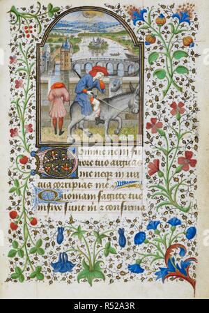 Miniatura di un uomo a cavallo di un asino, testa in mano, attraversando un ponte, come la personificazione di ozio (Peresse), con piena foliate frontiere, Salmi penitenziali. Libro d Ore, uso di Roma ("Dunois ore"). Francia, Centrale (Parigi); c. 1440 - c. 1450 (dopo il 1436). Fonte: Yates Thompson 3, f.162. Lingue: latina, francese con una calendario. Foto Stock