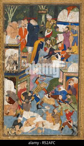 Il saccheggio di Isfahan. Una scena di saccheggio, omicidio e saccheggio in cui il metallo fuso viene colato in giù una vittima della gola. Timurnama. Bukhara, Iran, metà del XVI secolo. Il saccheggio di Isfahan. Scena di saccheggio, omicidio e saccheggio in cui il metallo fuso viene colato in giù una vittima della gola. Una pittura in miniatura da un sedicesimo secolo manoscritto del Timurnama da Hatifi. Immagine presa da Timurnama. Originariamente pubblicato/prodotto a Bukhara, Iran, metà del XVI secolo. . Fonte: Aggiungi. 22703, f.2v. V.o. persiano. Autore: Abdullah Hatifi. Foto Stock