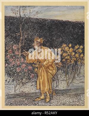 Re Mida girando le rose in oro dal Golden Touch. Hawthorne's Wonder libro...illustrato da Arthur Rackham. London : Hodder & Stoughton, [1922]. "Si è impegnato molto per andare da Bush a bush fino a quando ogni singolo fiore e bud e persino i vermi nel cuore di alcune di esse sono state cambiate in oro.". Fonte: 04504.h.24 rivolta p.56. Autore: RACKHAM, Arthur. HAWTHORNE, NATHANIEL. Foto Stock