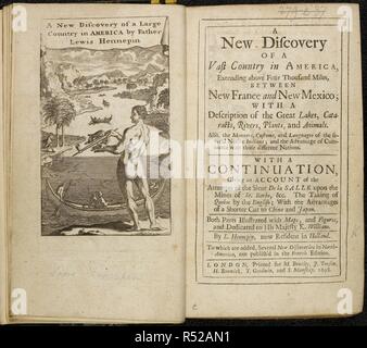 Titolo pagina del xvii secolo conto della scoperta in America. Illustrazione che mostra un uomo nativo con arco e frecce e canoa sull'acqua. . Nouvelle decouverte dâ€™ONU tres grand paga situeÌ dans lâ€™AmeÌrique una nuova scoperta di un vasto paese in America ... tra New-France e New-Mexico ...; con una continuazione, dando un conto dei tentativi del Sieur de la Salle su miniere di Santa Barbara; la presa del Québec da parte dell'inglese; con i vantaggi di un taglio più brevi per la Cina e il Giappone; alla quale sono aggiunte diverse nuove scoperte in Nord America, non pubblicata in francese ed Foto Stock