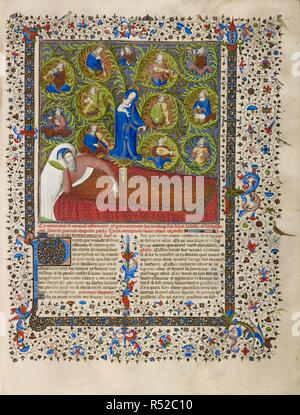 Albero di Jesse. La Bibbia Historiale, Vol. 2. Francia [Parigi]; circa 1411. [Intero folio] Jesse sonno; con la Vergine e il bambino ed i rami del suo albero genealogico contenente tutti i re musicale suonare strumenti musicali diversi. Inizio del testo con gusto iniziale "P". Confina con decorazione foliate immagine presa dalla Bibbia Historiale, Vol. 2. Originariamente pubblicato/prodotto in Francia [Parigi]; circa 1411. . Fonte: Royal 19 D. III, f.458. Lingua: Francese. Foto Stock