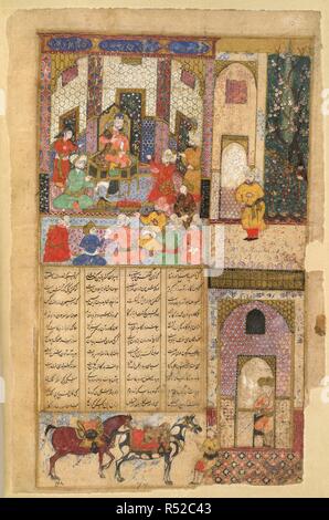 Kawa del fabbro. Shahnama di Firdawsi, con 39 miniature. Opaco w. 1614. Kawa il fabbro prima di Zahhak. Il principale, in miniatura nella parte superiore della pagina, viene continuata in esterna e i margini inferiori. Tipica scena di corte con giardino recintato: gateway e due cavalli sellati con lo sposo qui di seguito. Sfregato e danneggiati da umidità. 35 da 21cm. Immagine presa da Shahnama di Firdawsi, con 39 miniature. Acquerello opaco. Safavid/Isfahan stile. Originariamente pubblicato/prodotta nel 1614 . Fonte: i.o. 3265 islamica, f.15v. V.o. persiano. Foto Stock