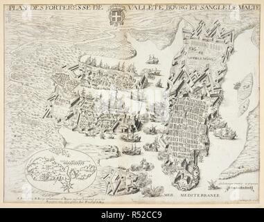Una mappa della fortezza di La Valletta, Malta. Plan des Forteresse[s] de Vallette, Bourg et Sangle de Malte. Parigi : N. Berey, 1645. Fonte: Mappe K.Top.84.97. Foto Stock
