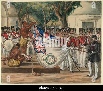 Sacerdote indù. c.1847. Sacerdote indù garlanding le bandiere della trentacinquesima Bengala Fanteria di luce in corrispondenza di una presentazione della cerimonia di colori. Uno dei due disegni raffiguranti occasioni militari. Acquerello. Originariamente pubblicato/prodotto in c.1847. . Fonte: Add.o.741,. Foto Stock