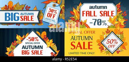 Vendita autunnale foglie. Halloween e ringraziamento caduta stagione banner concetto set. Cartoon disegnati a mano illustrazione di 4 vendite autunnali foglie. Halloween e ringraziamento caduta stagione vettore banner per il web Illustrazione Vettoriale