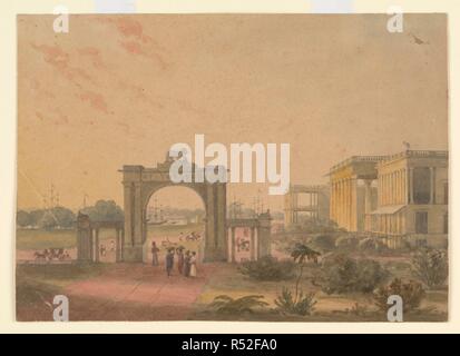 Vista dal giardino della Casa del Governo, Calcutta, con il sud-ovest gateway in primo piano e Chandpal Ghat e il Fiume Hooghly nella distanza. Vista dal giardino della Casa del Governo, Calcutta. c.1825. Acqua-colore; 18.2 da 25,5 cm. Fonte: WD 3384. Autore: ANON. Foto Stock