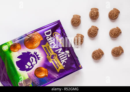 Pacchetto di Cadbury Dairy Mail Premier League limited edition Lions cioccolatini, testa leone cioccolatini, aperto con contenuto versato su sfondo bianco Foto Stock