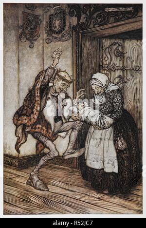 Illustrazione da Briar Rose di un anziano Re e la regina e il loro bambino. Grimm di favole. Illustrato da Arthur Rackham. Londra : William Heinemann, [1925]. 'Il re non poteva contenere se stesso per la gioia.". Fonte: 12410.r.7. rivolta verso la pagina 32. Autore: RACKHAM, Arthur. GEBRUEDER GRIMM. Foto Stock