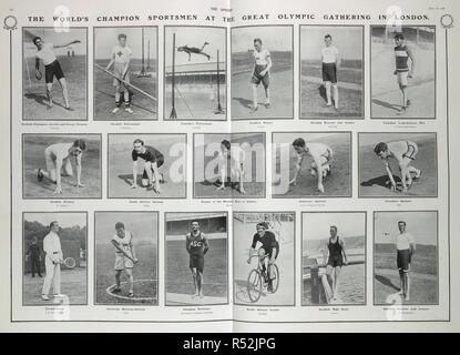 " Il mondo degli sportivi champion al grande raduno olimpici di Londra'. Foto di vari atleti impegnati al 1908 giochi olimpici. La sfera. 18-Lug-08. Fonte: la sfera 18 luglio 1908, pp.60-61. Foto Stock