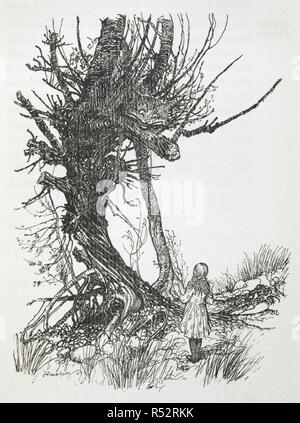 Il Cheshire cat in un albero guardando verso il basso in corrispondenza di Alice. Alice nel Paese delle Meraviglie illustrato da Arthur Rackham. Con un proemio di Austin Dobson. L.P.. William Heinemann: Londra; Doubleday, pagina & Co.: New York, [1907]. Fonte: K.T.C.105.b.1. pagina 79 dettaglio. Autore: RACKHAM, Arthur. Carroll, Lewis pseud. [I. e. Charles Lutwidge Dodgson]. Foto Stock