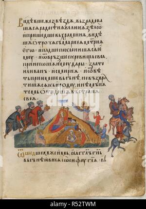 Magi e pastori. I Vangeli di tsar Ivan Alexander. Turnovo, 1355-1356. (Intero folio) Vangelo di san Matteo al capitolo 2. La Natività: l' Adorazione dei Magi e pastori. Testo immagini tratte dai vangeli di tsar Ivan Alexander. Originariamente pubblicato/prodotto in Turnovo, 1355-1356. . Fonte: Aggiungi. 39627, f.10. Lingua: bulgara chiesa slava. Autore: Simeone. Turnovo scuola. Foto Stock