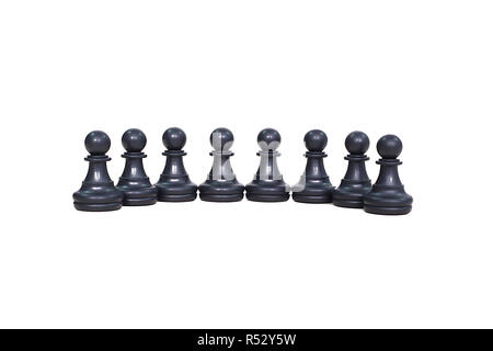 Ritratto di scacchi nero pegni su uno sfondo bianco. Foto Stock