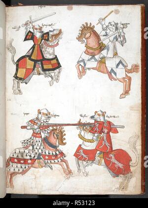 Cavalieri alla giostra. Rotolo di militari di bracci (manoscritto conosciuto anche come Sir Thomas Holme il libro dei bracci). Parte 2 e segg. 9-40V. Inghilterra, S. E. (probabilmente a Londra). Prima di 1448, c. 1446. Numerosi disegni colorati di combattente montato cavalieri in armatura e tabard. Fonte: Harley 4205 f.9. Lingua: Gotico corsivo. Foto Stock