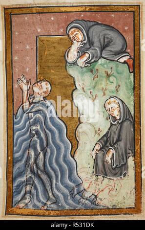 Miniatura di Cuthbert pregando in mare, mentre la spy orologi sopra di lui; in basso a destra, Cuthbert emerge dal mare per avere i suoi piedi miracolosamente essiccato mediante lontre, dal capitolo 10 di Beda prosa della vita di St Cuthbert. La vita in prosa di San Cutberto; estratti della Historia Ecclesiastica (storia della Chiesa inglese e persone). Inghilterra, N. (Durham). Ultimo quarto del XII secolo. Fonte: Yates Thompson 26 f.24. Lingue: Latina. Foto Stock