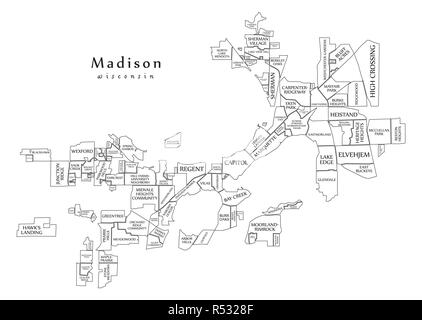 Città moderna mappa - Madison Wisconsin città degli Stati Uniti con i quartieri e i titoli mappa di contorno Illustrazione Vettoriale