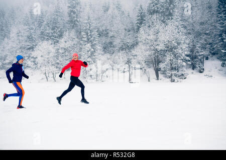 Le ragazze in esecuzione insieme sulla neve in inverno le montagne. Sport e fitness ispirazione e motivazione. Due donne partner trail running in montagna, d inverno Foto Stock