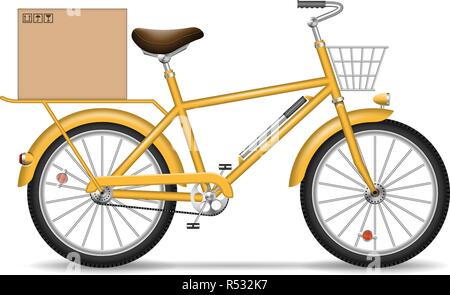 Vettore realistico bicicletta con scatola di cartone e cesto su sfondo bianco. Isolato di consegna giallo bicicletta vista laterale. Illustrazione Vettoriale