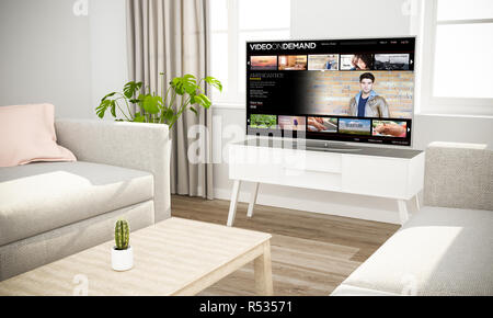 La televisione per lo streaming di film in interni scandinavo con il grigio divano rendering 3D Foto Stock