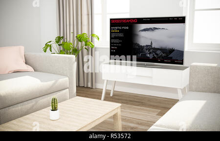 Televisore serie streaming scandinavi in interni con divano grigio rendering 3D Foto Stock