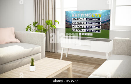 La televisione scommesse live scandinavi in interni con divano grigio rendering 3D Foto Stock