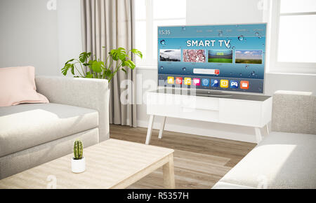 La televisione smart tv scandinavi in interni con divano grigio rendering 3D Foto Stock
